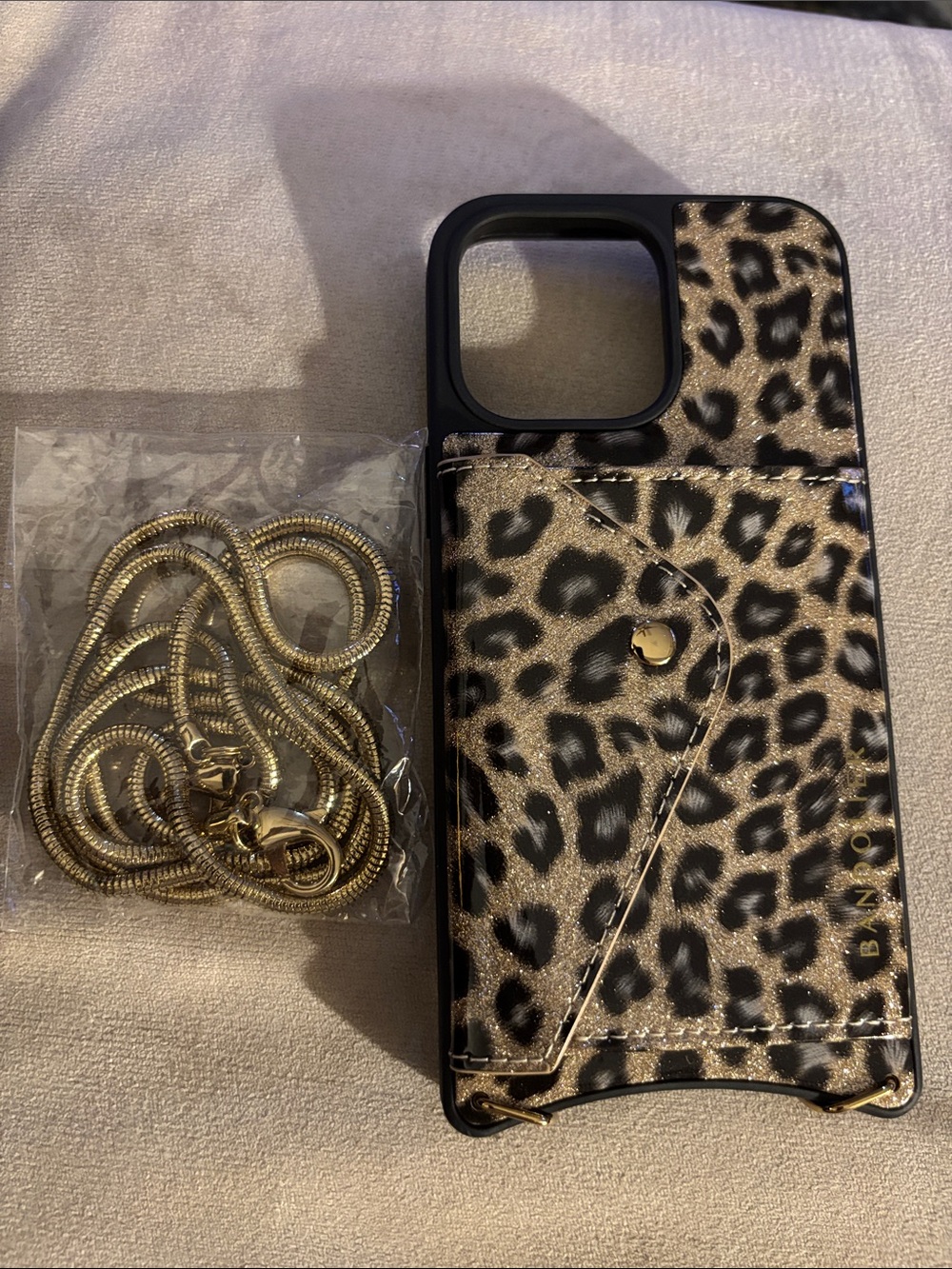Bandolier Leopard Print Cardholder Phone Case with Gold Chain Strap